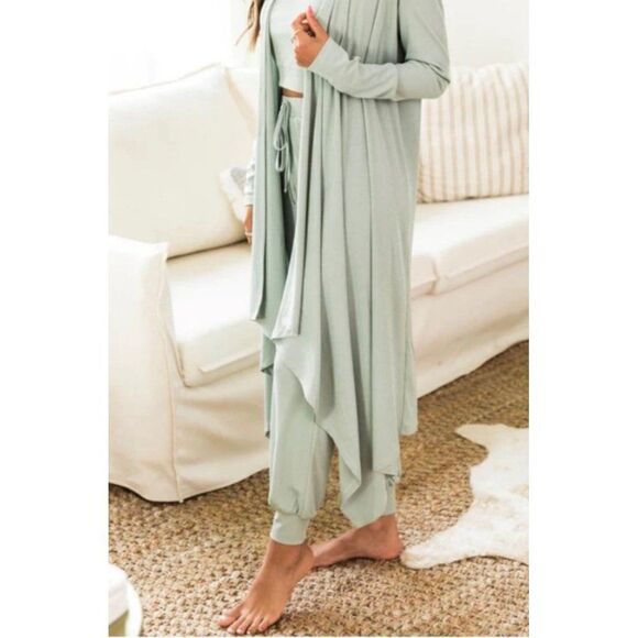 Pink Lily Green Ribbed Long Open Front Duster / Cardigan Size S - Picture 8 of 12